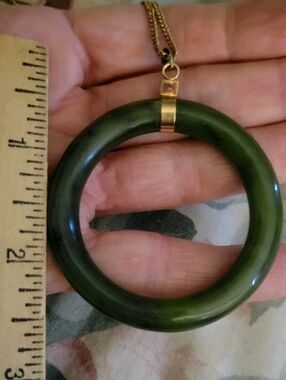Vintage 14k Gold 2.5" Dark Green Genuine Jade Donut Pendant
